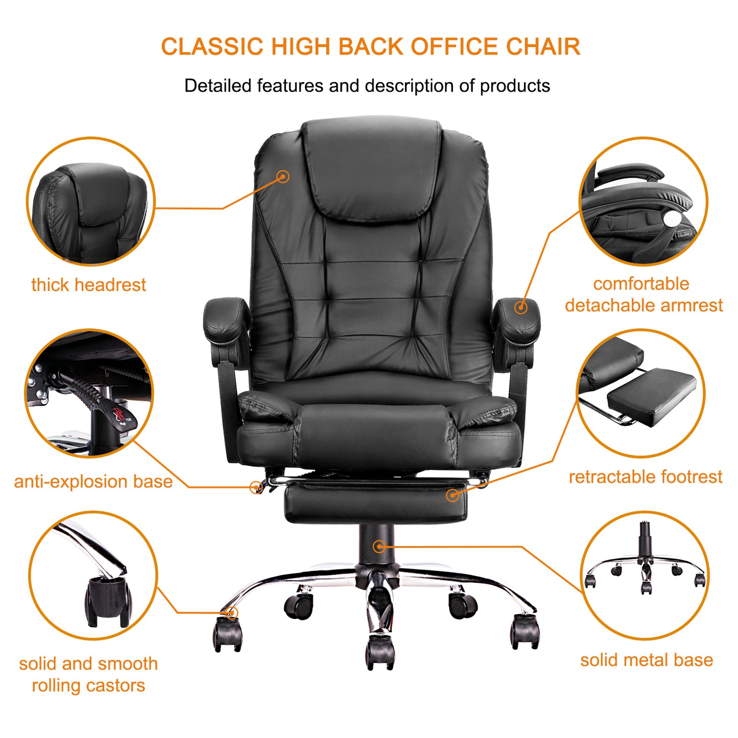 High-back office chair, adjustable ergonomic office chair, computer desk chair with lumbar support and foot cushion, suitable for home office use.