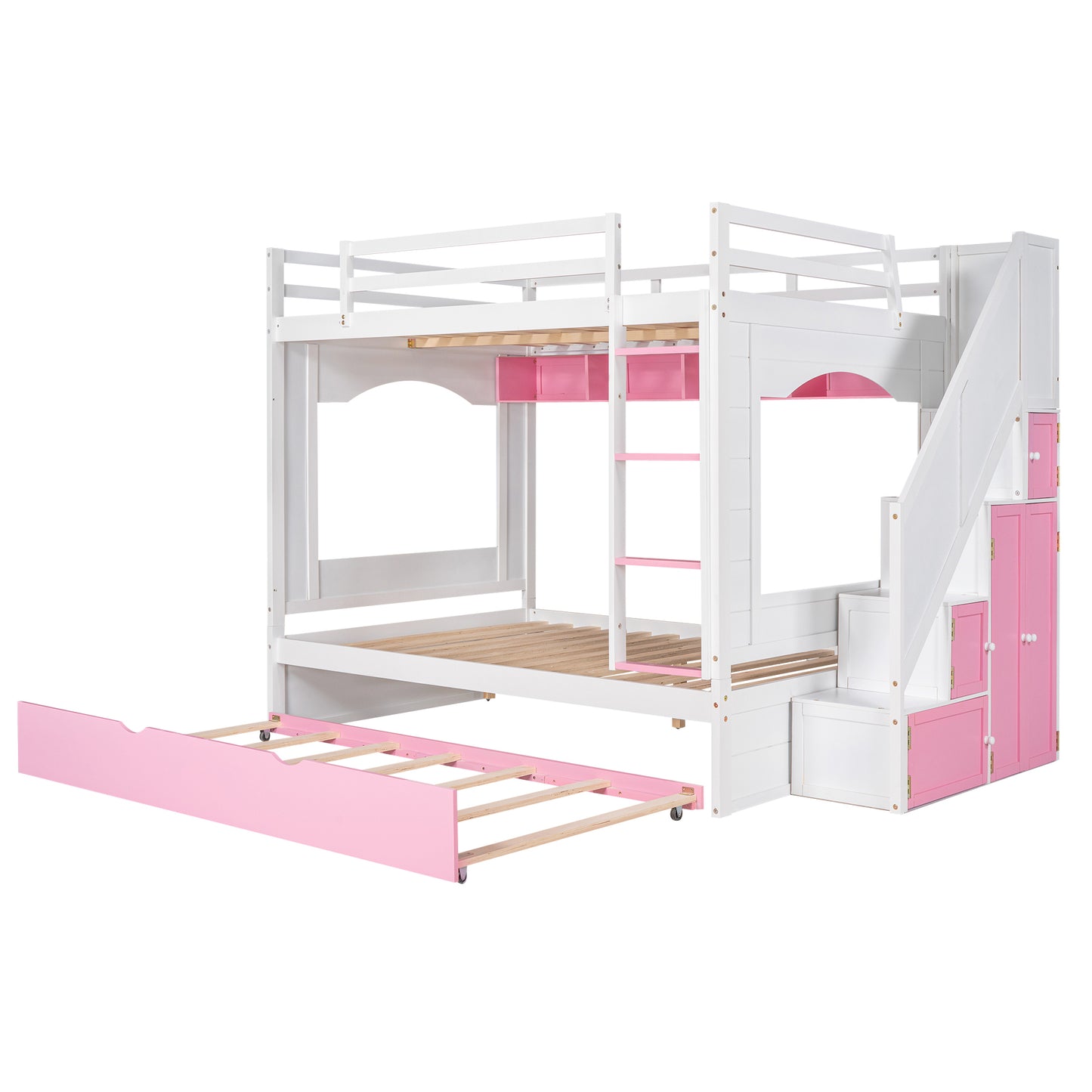 Full Over Full Bunk Bed with Trundle ,Stairs,Ladders Solid Wood Bunk bed with Storage Cabinet （White + Pink）