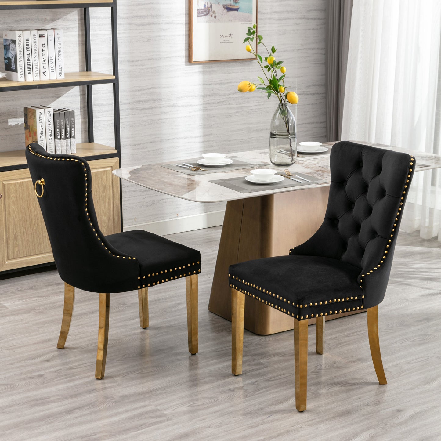 A&A Furniture,Nikki Collection Modern, High-end Tufted Solid Wood Contemporary Velvet Upholstered Dining Chair with Golden Stainless Steel Plating Legs,Nailhead Trim,Set of 2，Black and Gold, SW1601BK