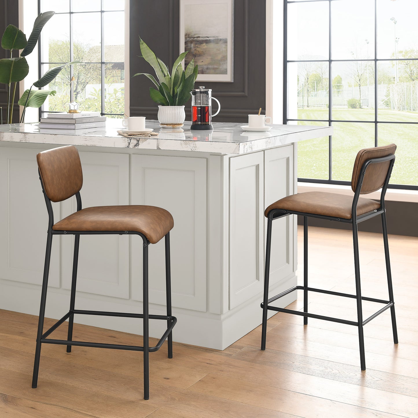 Pu Faux Leather Counter Stools Set of 2, Pub Counter Stool with Back and Footrest, Brown (17.5"x19.25“x34.5”）