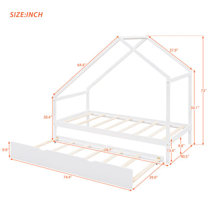 Twin Size Wooden House Bed With Twin Size Trundle, White