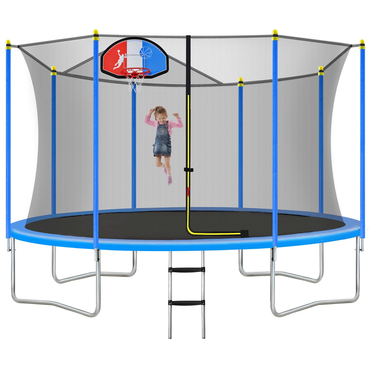 12FT Trampoline for Kids with Safety Enclosure Net, Basketball Hoop and Ladder, Easy Assembly Round Outdoor Recreational Trampoline