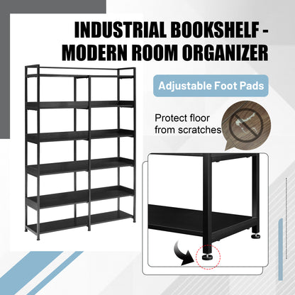 70.8 Inch Tall Bookshelf MDF Boards Stainless Steel Frame, 6-tier Shelves with Back&Side Panel, Adjustable Foot Pads, Black