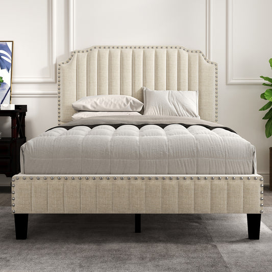 Modern Linen Curved Upholstered Platform Bed , Solid Wood Frame , Nailhead Trim, Cream (Full)