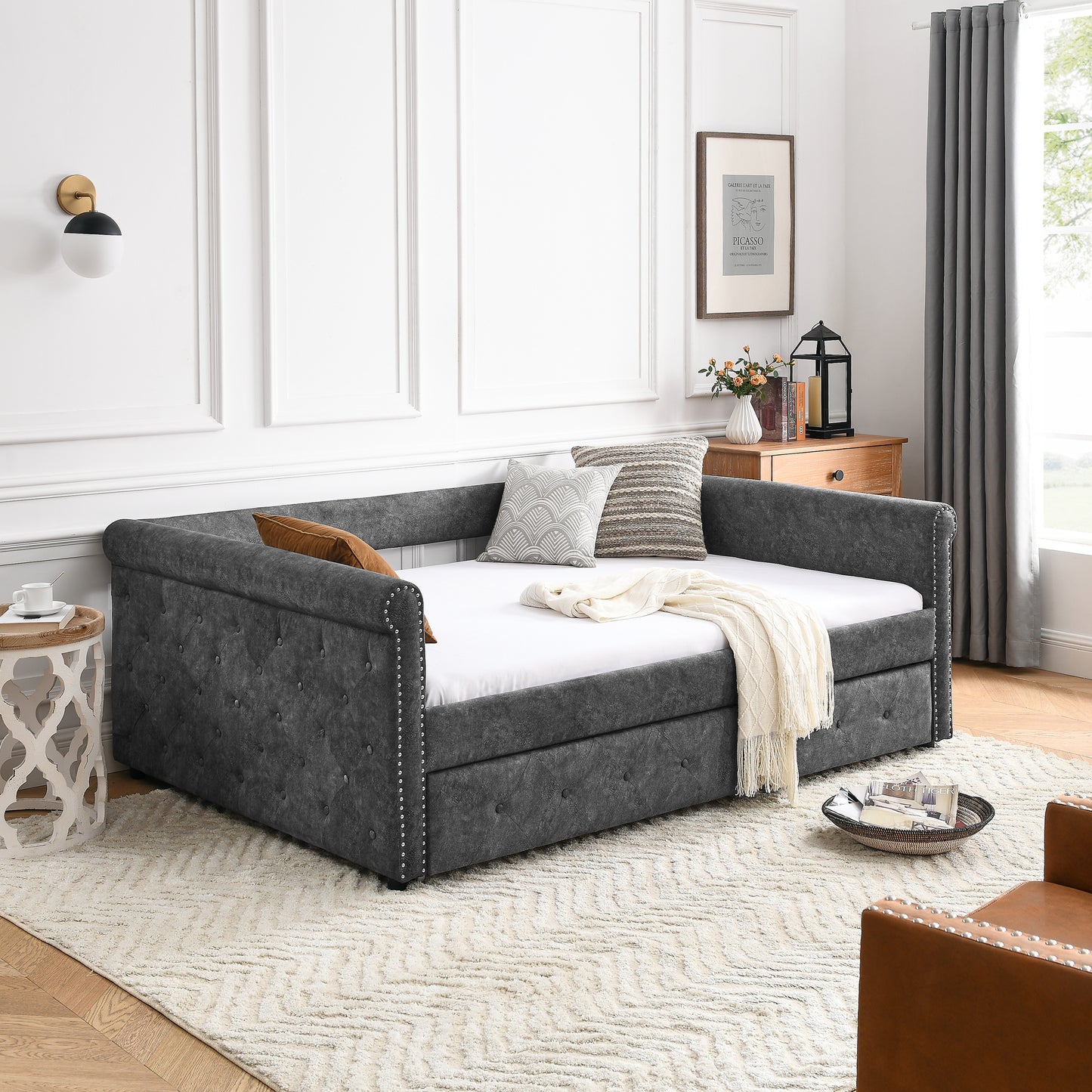 Daybed with Trundle Upholstered Tufted Sofa Bed, with Button and Copper Nail on Arms，Full Daybed & Twin Trundle, Grey（85.5“x57”x30.5“）