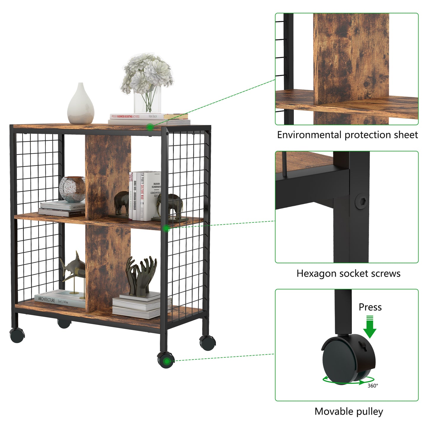 Nordic Living Room Bedroom Wood Metal Movable Bookshelf Storage Rack Srorage Shelf With Wheels