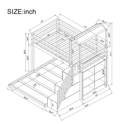 Twin over Full House Roof Bunk Bed with Staircase and Shelves, White