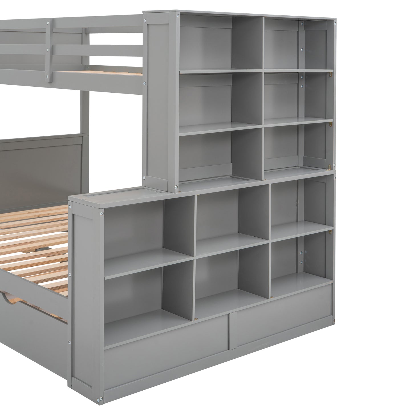 Twin over Full Bunk Bed with Trundle and Shelves, can be Separated into Three Separate Platform Beds, Gray