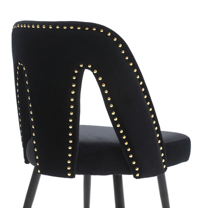 A&A Furniture,Akoya Collection Modern | Contemporary Velvet Upholstered Dining Chair with Nailheads and Gold Tipped Black Metal Legs,Black，Set of 2