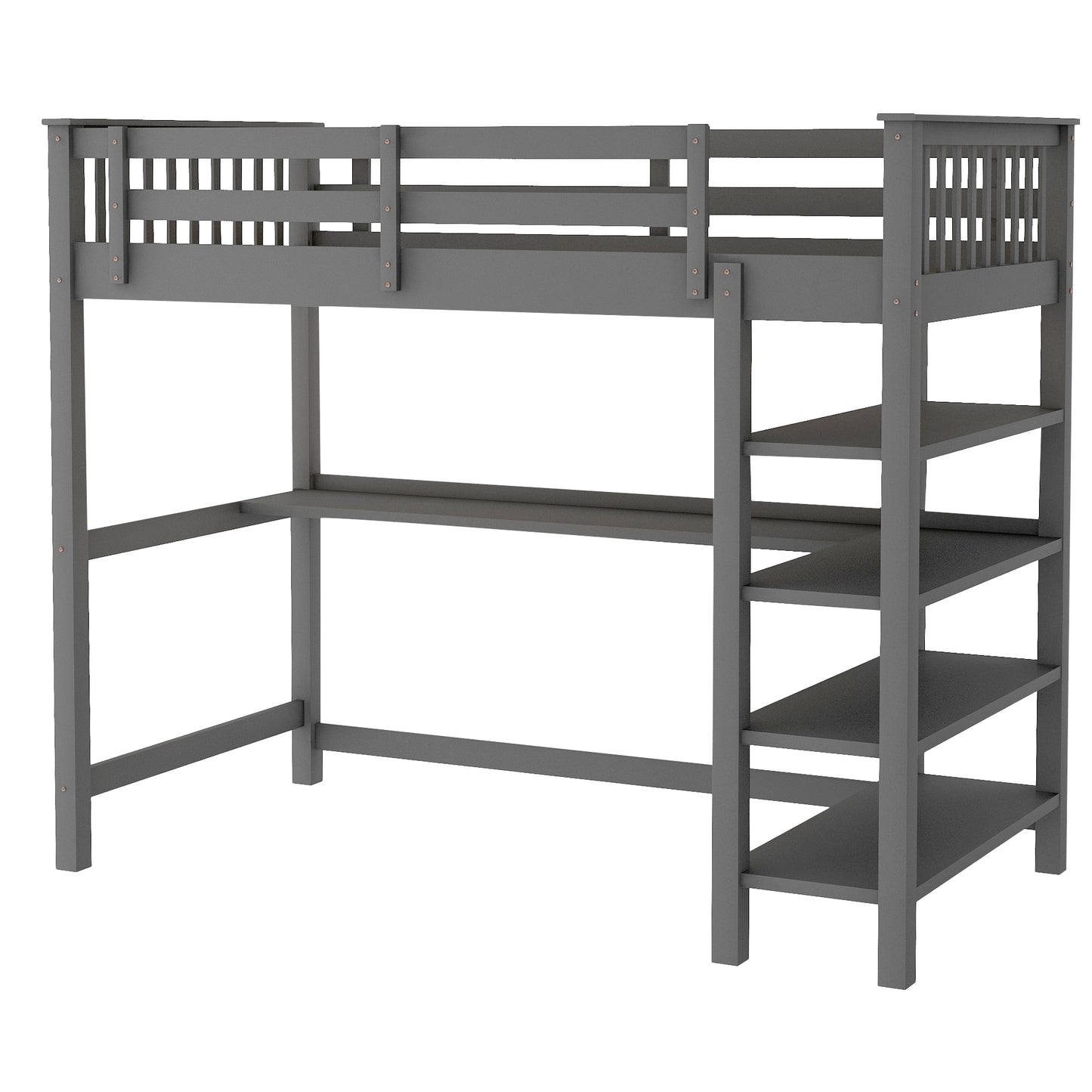 Twin Size Loft Bed with Storage Shelves and Under-bed Desk, Gray