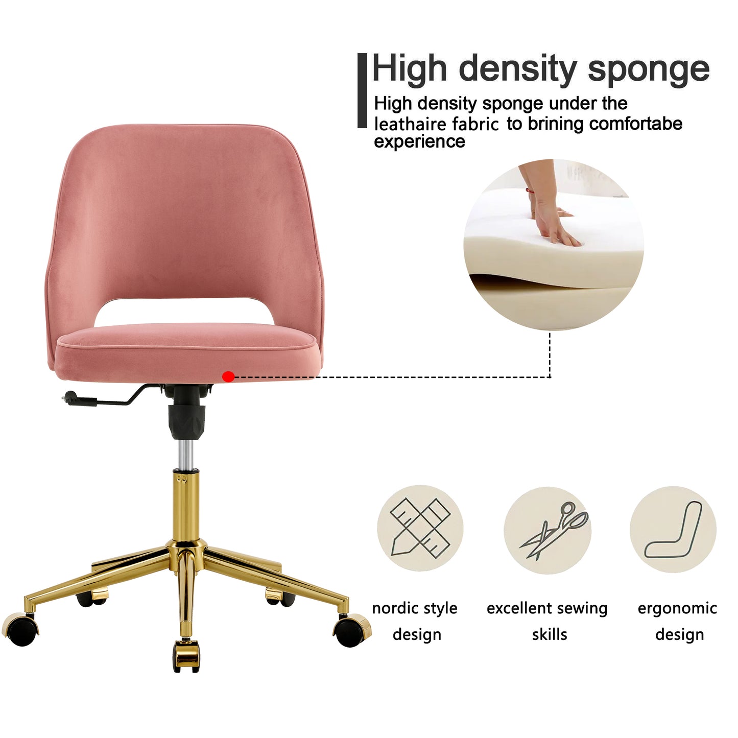 Modern Home Velvet Office Chairs, Adjustable 360 °Swivel Chair Engineering Plastic Armless Swivel Computer Chair With Wheels for Living Room, Bed Room Office Hotel Dining Room .Pink