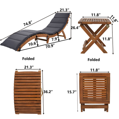 TOPMAX Outdoor Patio Wood Portable Extended Chaise Lounge Set with Foldable Tea Table for Balcony, Poolside, Garden, Brown Finish+Dark Gray Cushion