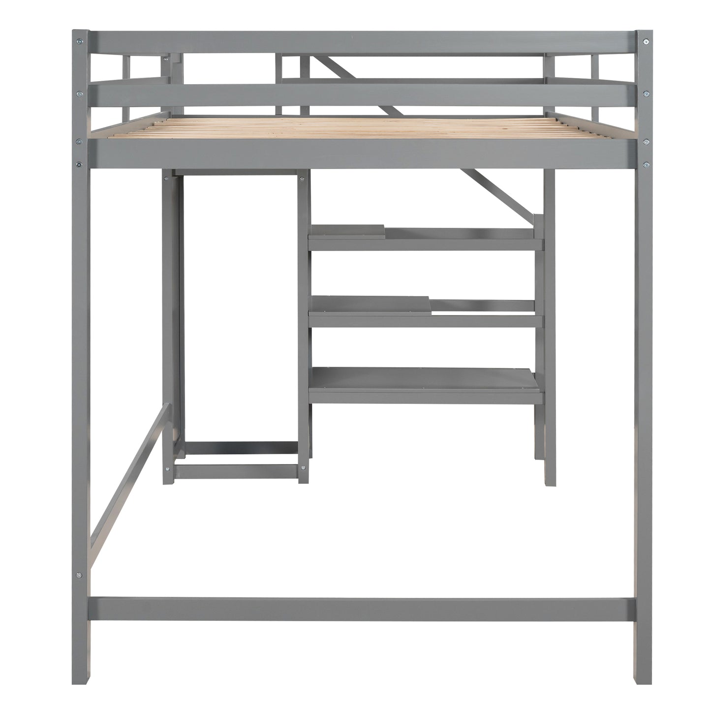 Full Size Loft Bed with Built-in Storage Wardrobe and Staircase,Gray