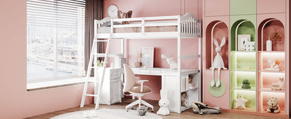 Twin size Loft Bed with Drawers, Cabinet, Shelves and Desk, Wooden Loft Bed with Desk - White(OLD SKU :LT000505AAK)