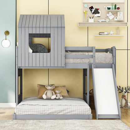 Wooden Twin Over Full Bunk Bed, Loft Bed with Playhouse, Farmhouse, Ladder, Slide and Guardrails . Gray(OLD SKU :LP000028AAN)