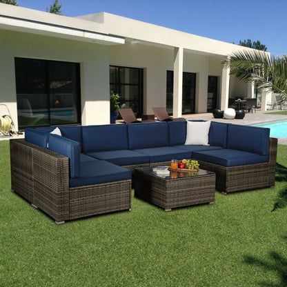 Outdoor Garden Patio Furniture 7-Piece Dark Gray PE Rattan Wicker Sectional Navy Cushioned Sofa Sets with 2 Begie Pillows