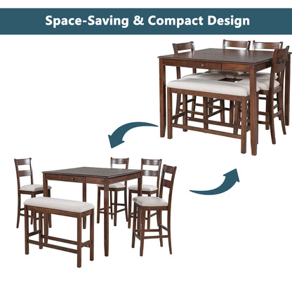 TOPMAX Wood 6-Piece Dining Table Set with Storage Drawer, Counter Height Square Kitchen Set with Upholstered Chair and Bench, Walnut