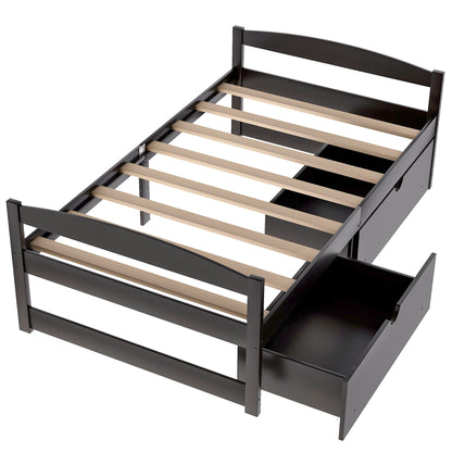 Twin size platform bed, with two drawers, espresso（New）