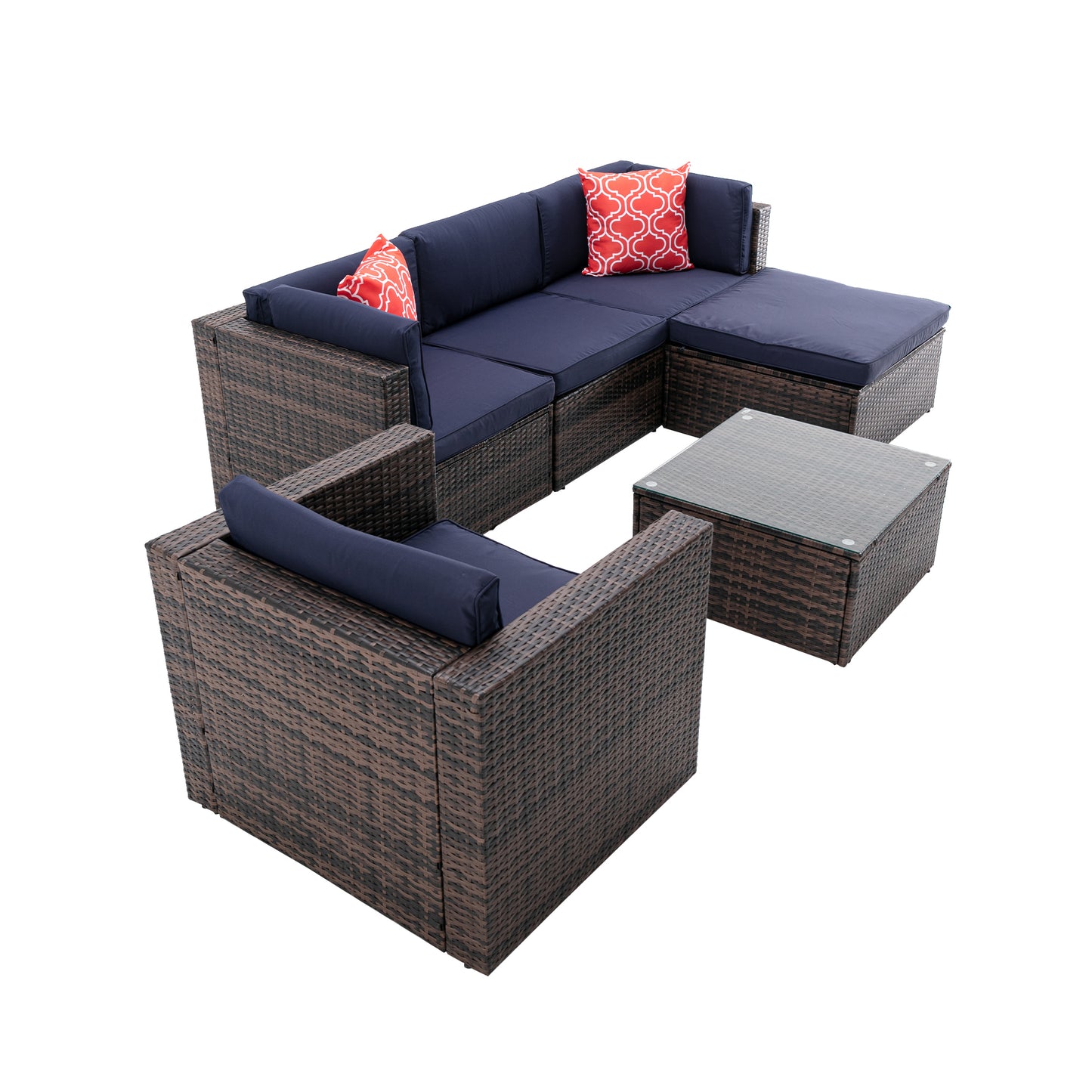 6Pcs Outdoor Garden Patio Furniture PE Rattan Wicker Sectional Cushioned Sofa Sets with 2 Pillows and Coffee Table