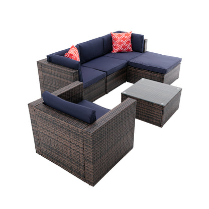 6Pcs Outdoor Garden Patio Furniture PE Rattan Wicker Sectional Cushioned Sofa Sets with 2 Pillows and Coffee Table