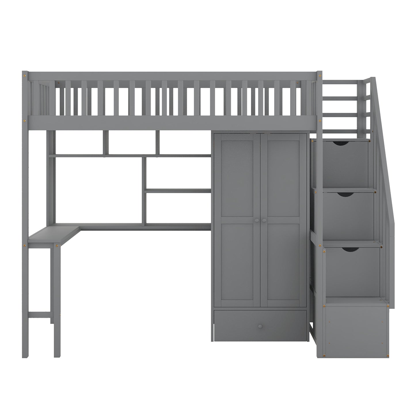 Twin size Loft Bed with Bookshelf,Drawers,Desk,and Wardrobe-Gray