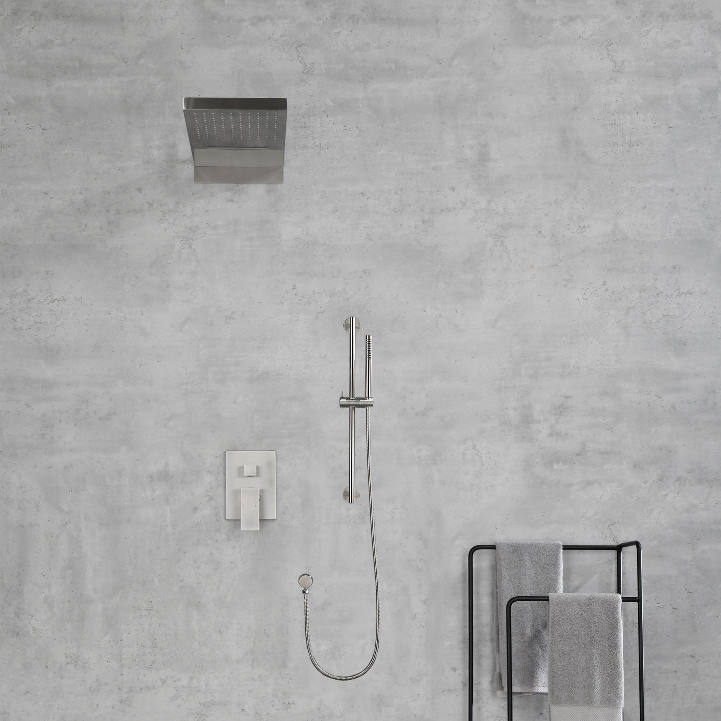 Shower System Square Bathroom Luxury Rain Mixer Shower Combo Set Pressure Balanced Shower System with Shower Head, Hand Shower, Slide Bar, Shower Arm, Hose, and Valve Trim