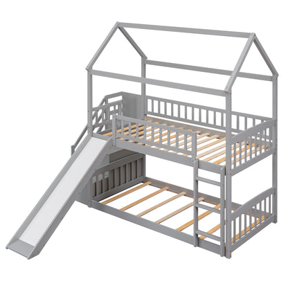 Twin Over Twin Bunk Bed with Drawers and Slide, House Bed with Slide,Gray(OLD SKU :LT000215AAE)