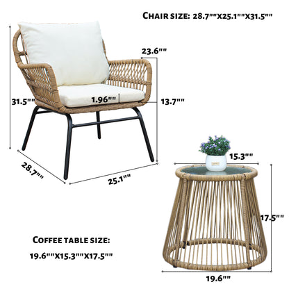 3PCS Outdoor Patio Balcony Natural Color Wicker Chair Set with Beige Cushion and Round Tempered Glass Table