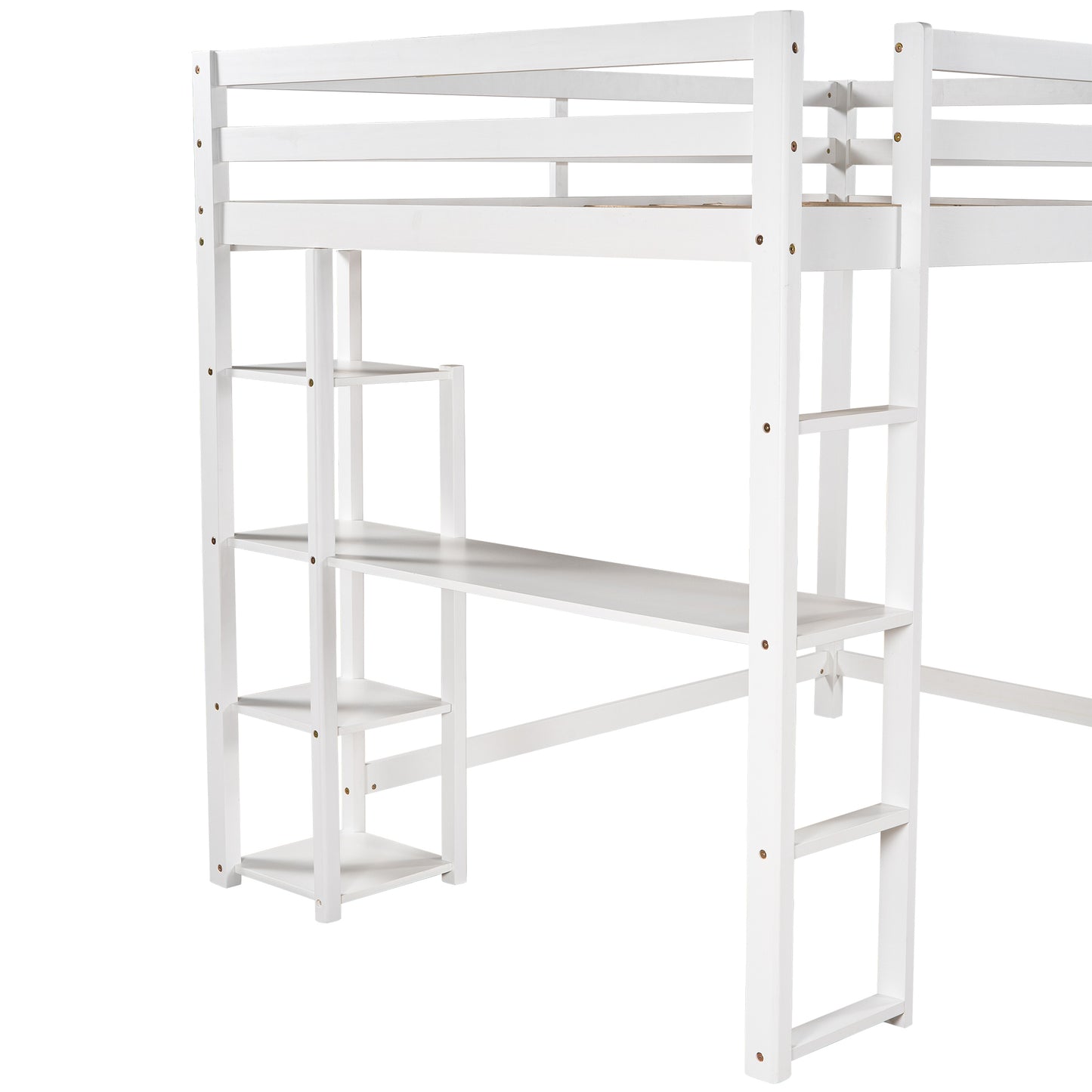 Full Size Loft Bed with Built-in Desk and Shelves,White