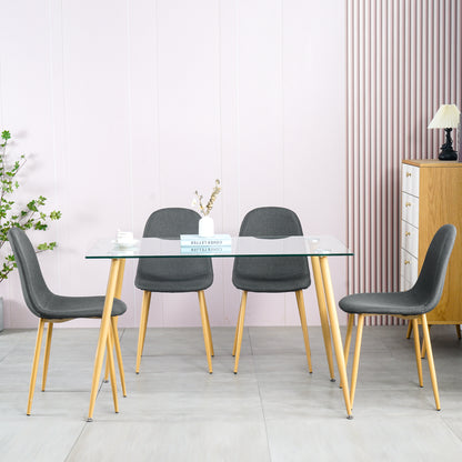 Dining Table Set Modern 5 Pieces Dining Room Set Mid Century Tempered Glass Kitchen Table and 4 Deep Grey Modern Fabric Chairs with wood-transfer Metal Legs