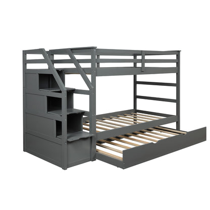 Twin-Over-Twin Bunk Bed with Twin Size Trundle and 3 Storage Stairs (Gray)