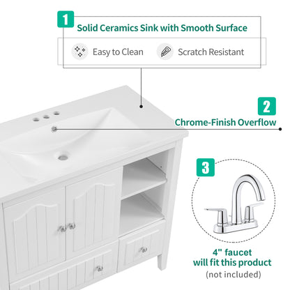 36" Single Bathroom Vanity Top with White Basin, 3-Faucet Holes, Ceramic, White