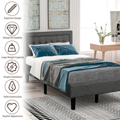 Upholstered Button-Tufted Platform Bed with Strong Wood Slat Support (Twin, Gray)