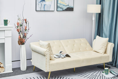 Beige velvet nail head sofa bed with throw pillow and midfoot