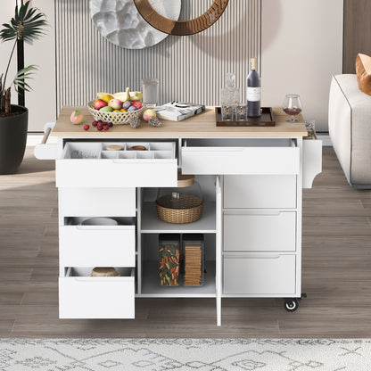 K&K Store Kitchen Cart with Rubber Wood Countertop , Kitchen Island has 8 Handle-Free Drawers Including a Flatware Organizer and 5 Wheels for Kitchen Dinning Room, White