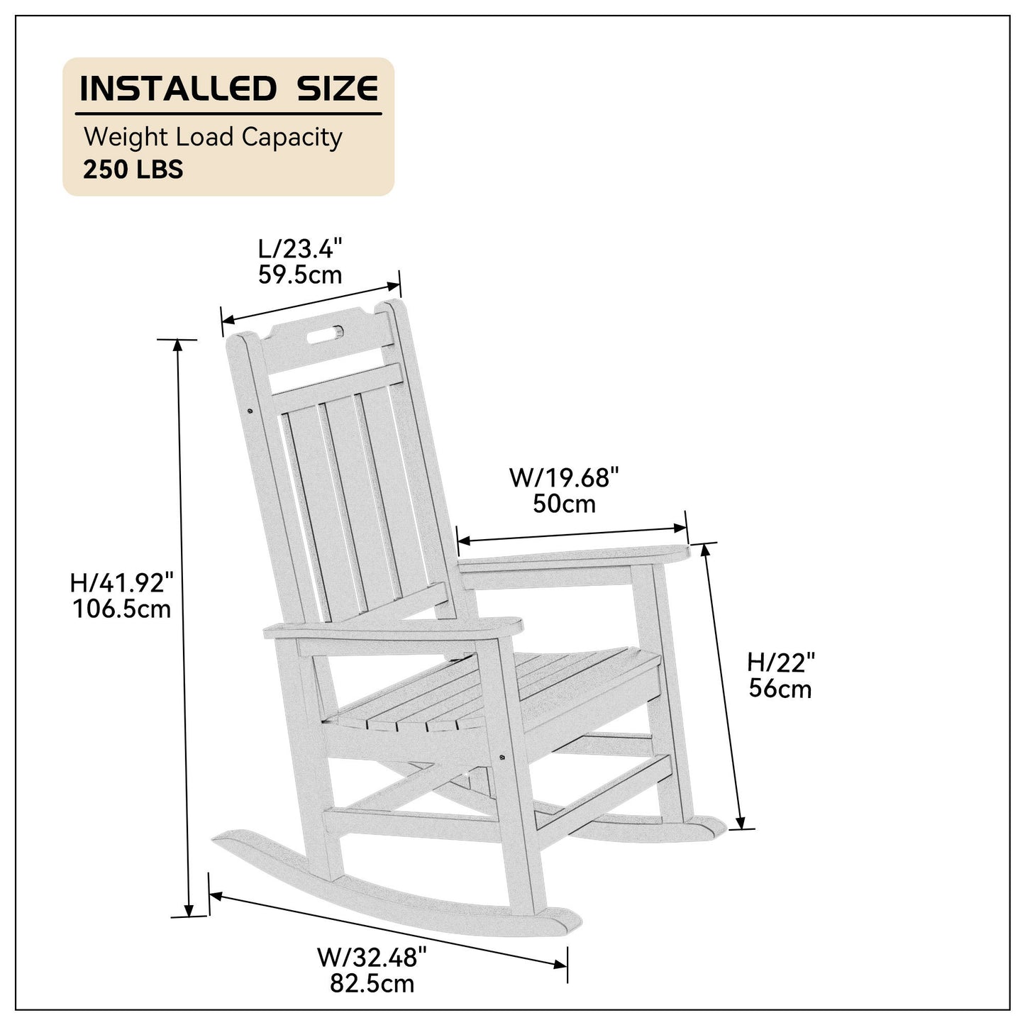 Presidential Rocking Chair HDPE Rocking Chair Fade-Resistant Porch Rocker Chair, All Weather Waterproof for Balcony/Beach/Pool Gray