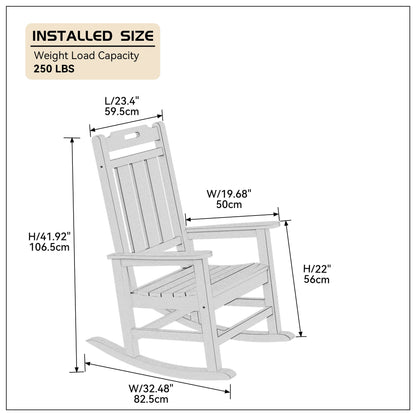 Presidential Rocking Chair HDPE Rocking Chair Fade-Resistant Porch Rocker Chair, All Weather Waterproof for Balcony/Beach/Pool Gray