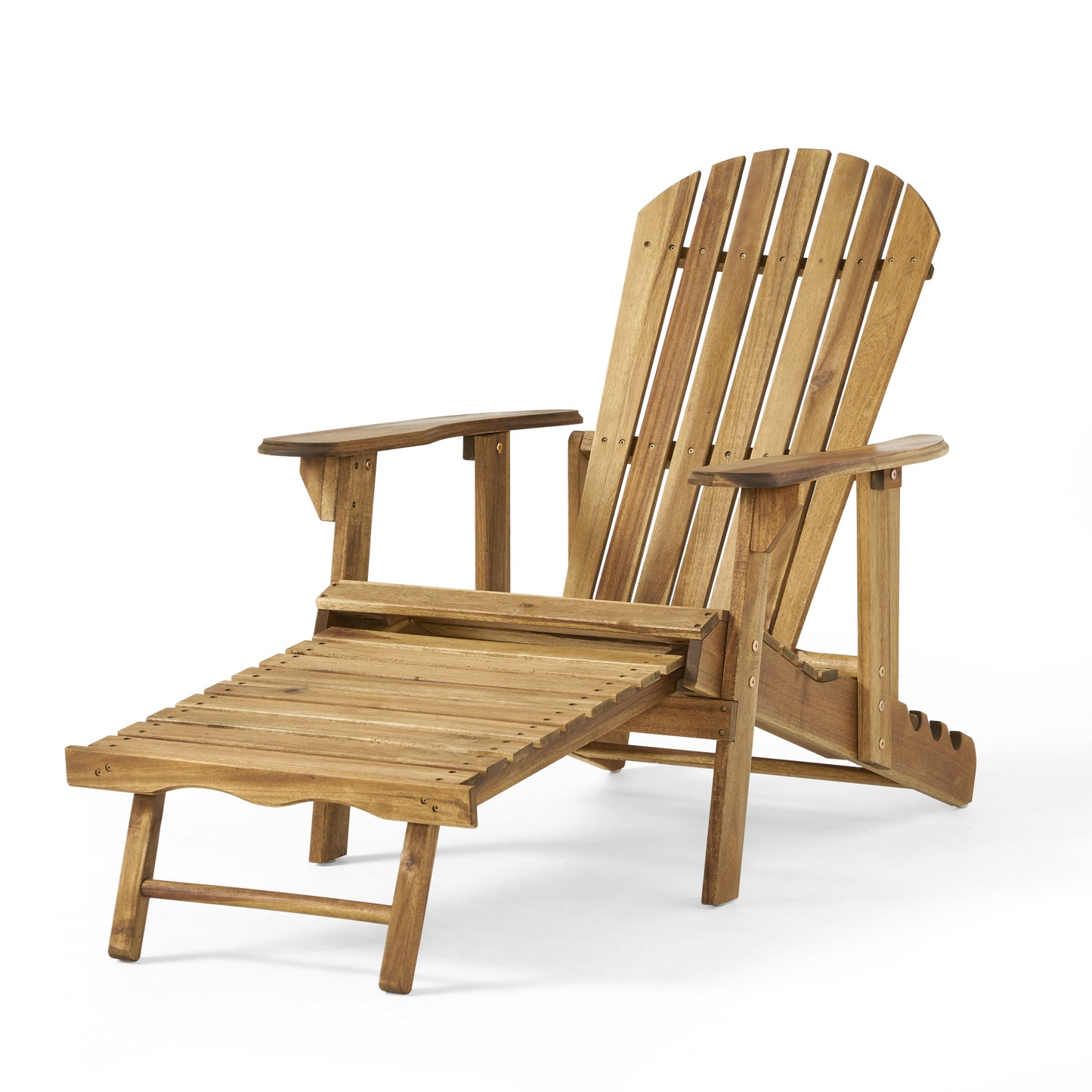 Katherine Outdoor Acacia Adirondack Natural Lounge Chair with Pull Out Footstool