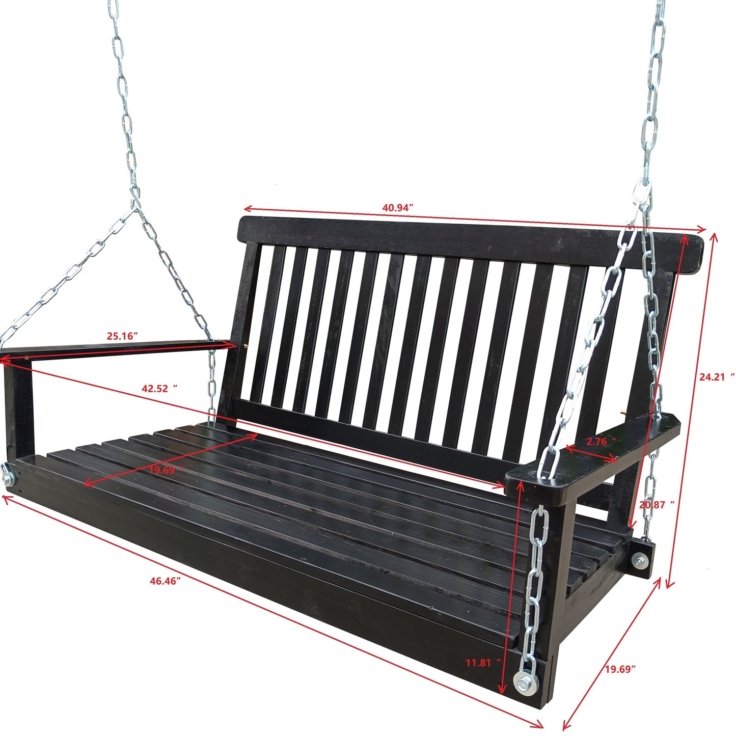 Front Porch Swing with Armrests, Wood Bench Swing with Hanging Chains,for Outdoor Patio ,Garden Yard, porch, backyard,  or sunroom,Easy to Assemble,black