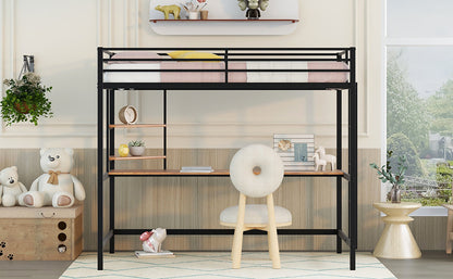 Twin Metal Loft Bed with Desk and Shelve,Black