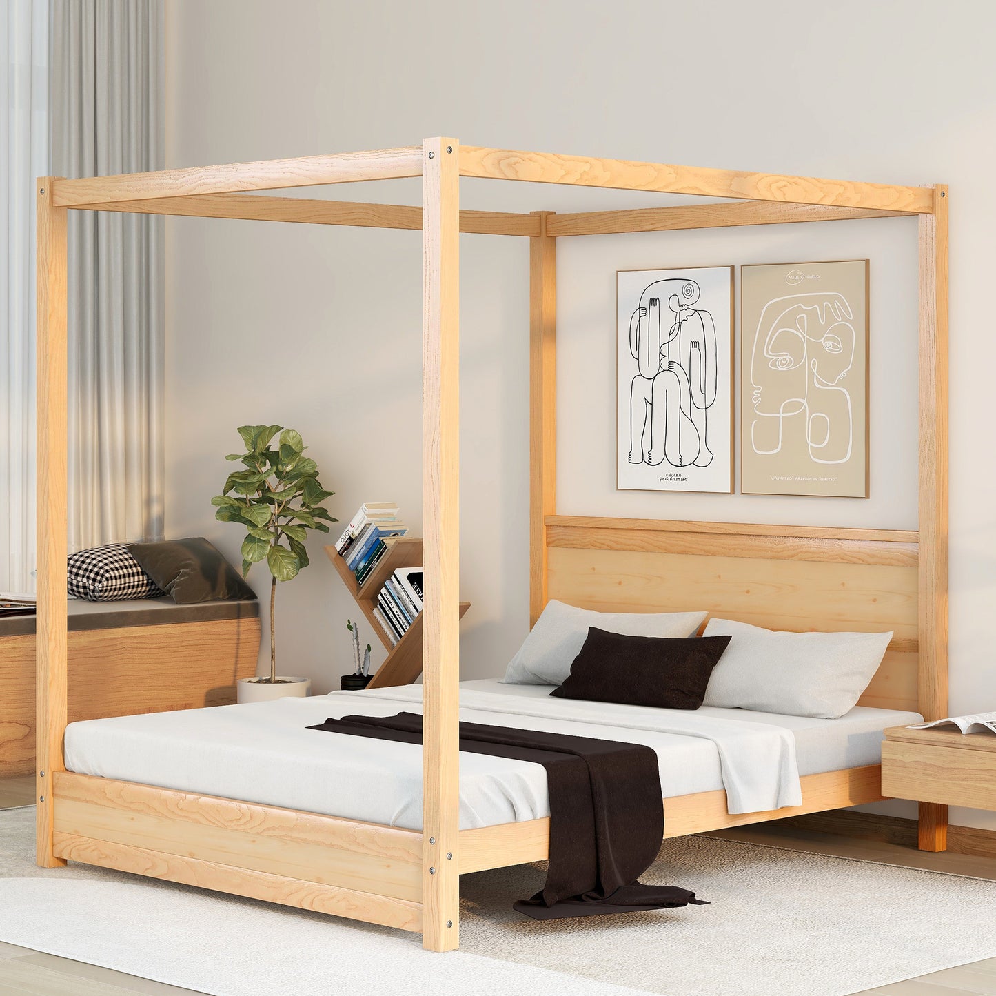 Queen Size Canopy Platform Bed with Headboard and Support Legs,Natural