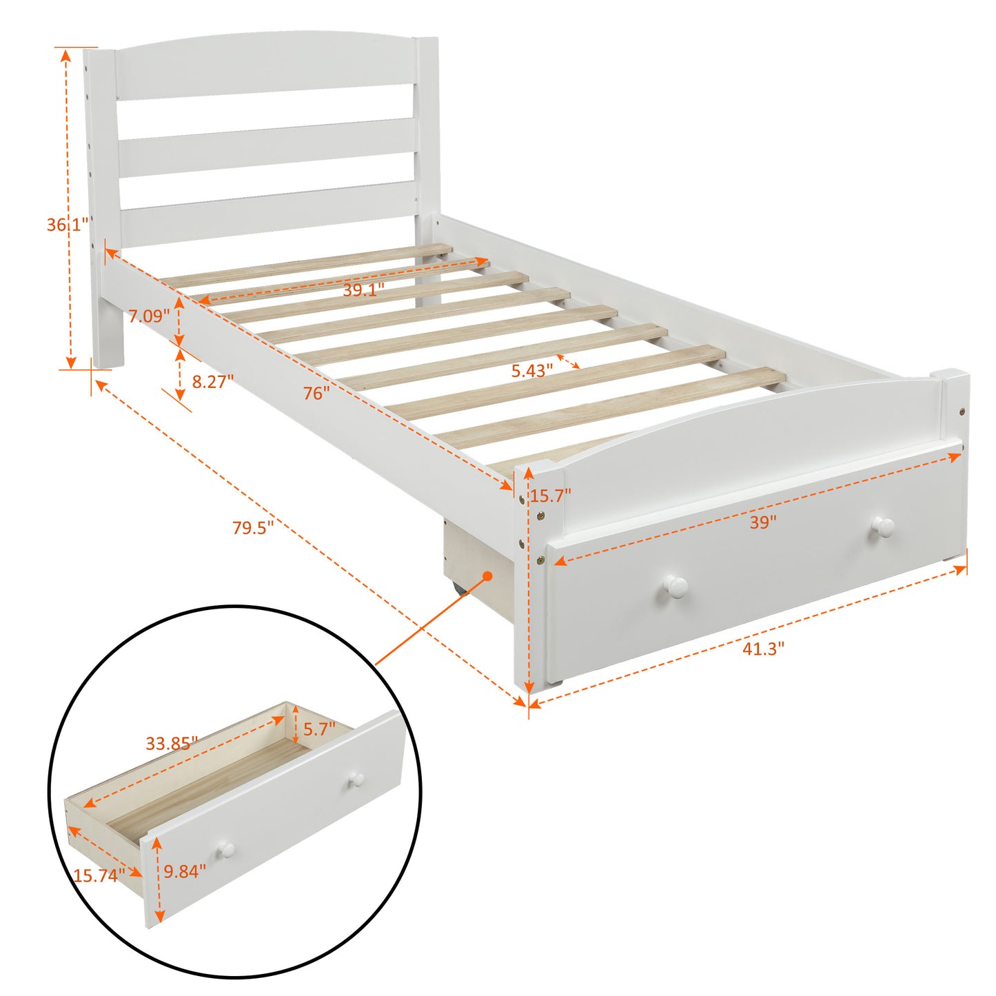 Platform Twin Bed Frame with Storage Drawer and Wood Slat Support No Box Spring Needed, White