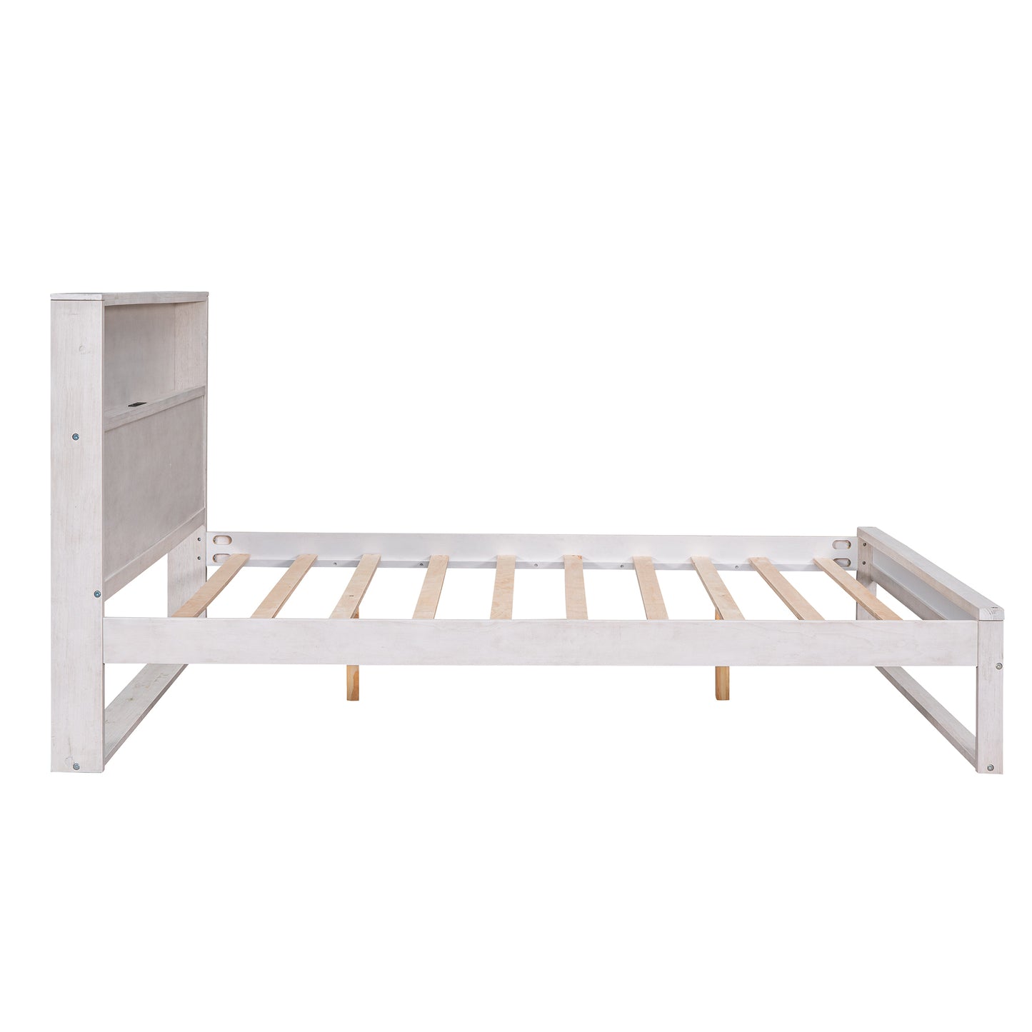 Platform Bed with Storage Headboard,Sockets and USB Ports,Queen Size Platform Bed,Antique White