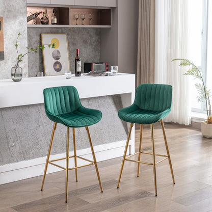 30 inch Set of 2 Bar Stools,with Chrome Footrest Velvet Fabric Counter Stool Golden Leg Simple High Bar Stool,GREEN