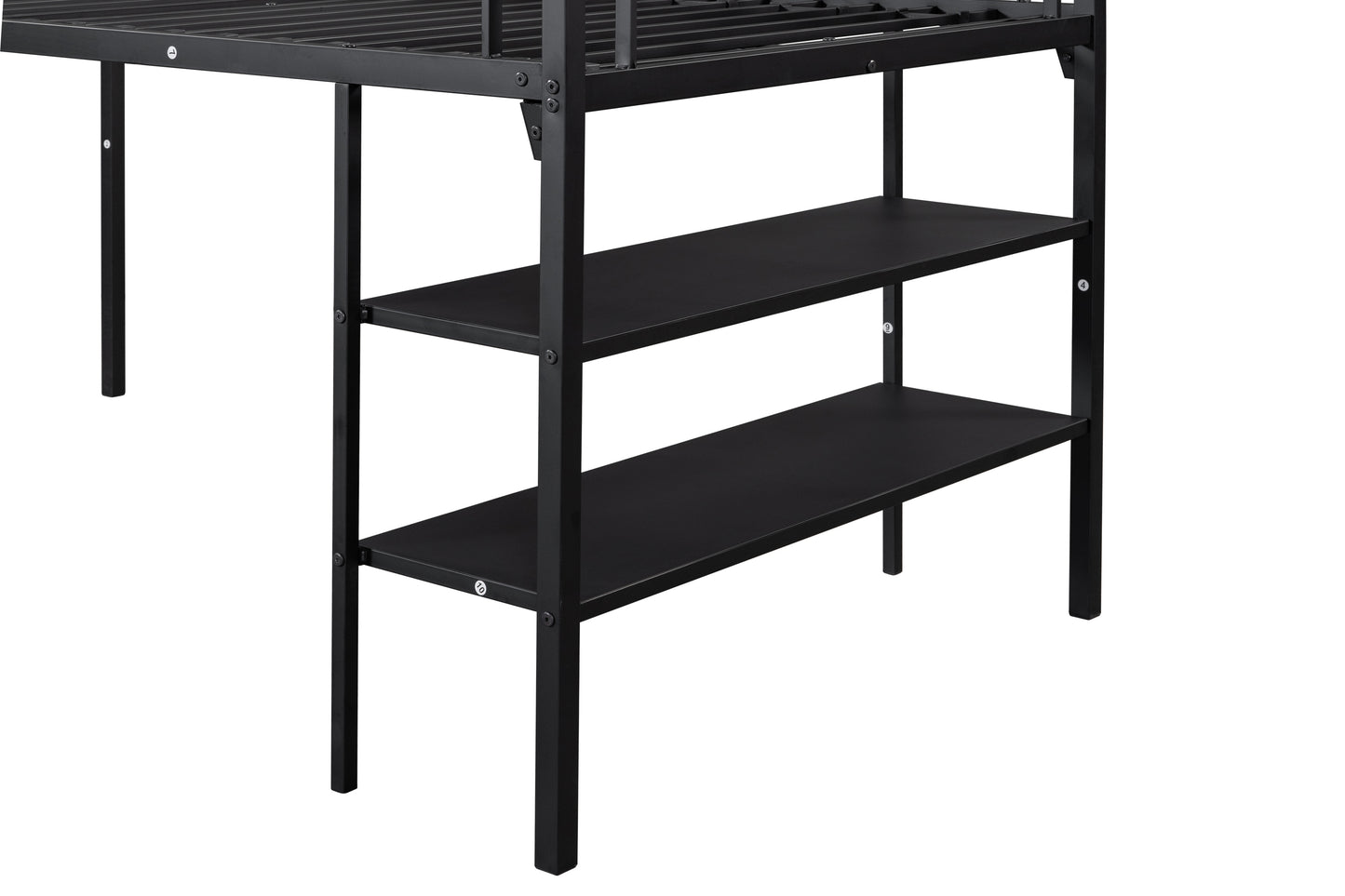 Low Loft bed with storage shelves