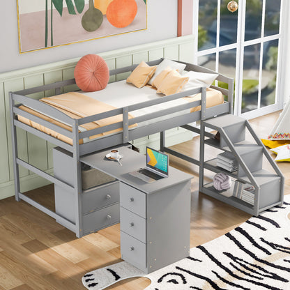 Twin Size Loft Bed with Multifunctional Movable Built-in Desk and and Staircase,Gray(OLD SKU:GX000925AAK)