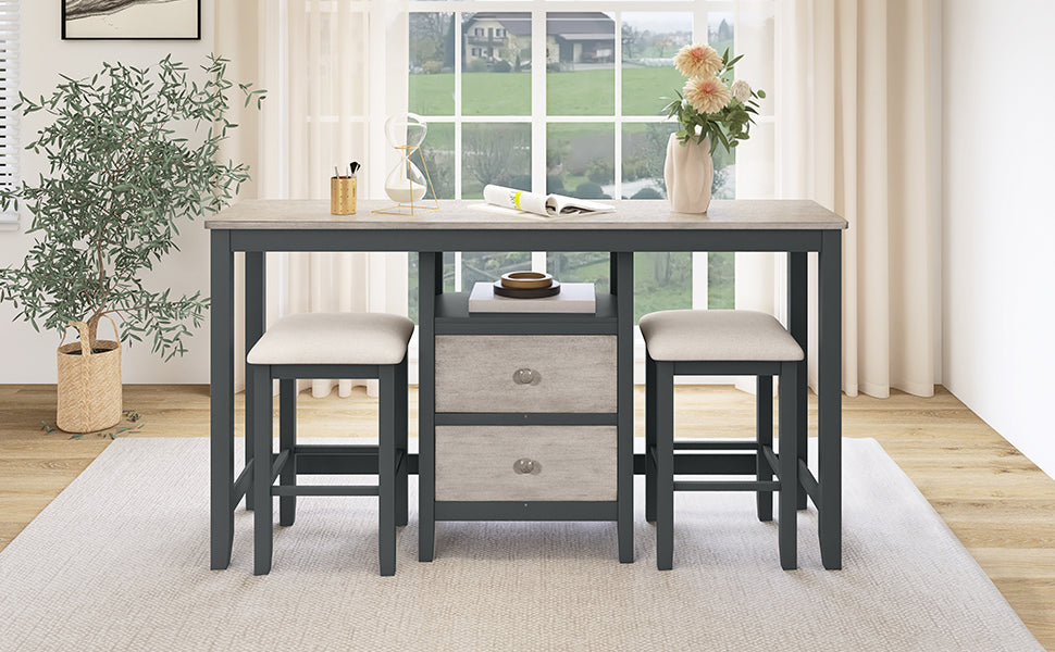 TOPMAX Farmhouse Rustic 3-piece Counter Height Wood Dining Table Set with 2 Storage Drawers and 2 Stools for Small Places, Gray and Distressed Light Gray