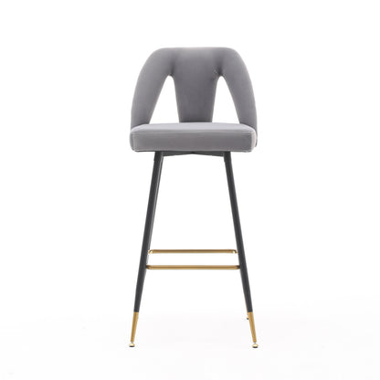 A&A Furniture,Akoya Collection Modern | Contemporary Velvet Upholstered Connor 28" Bar Stool & Counter Stools with Nailheads and Gold Tipped Black Metal Legs,Set of 2 (Gray)