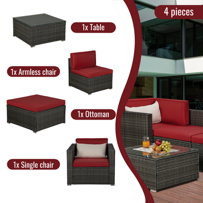 Outdoor Garden Patio Furniture 4-Piece Gray PE Rattan Wicker Sectional Red Cushioned Sofa Sets with 1 Beige Pillow