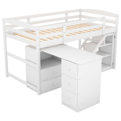 Twin Size Loft Bed with Multifunctional Movable Built-in Desk and and Staircase,White(OLD SKU:GX000925AAK)